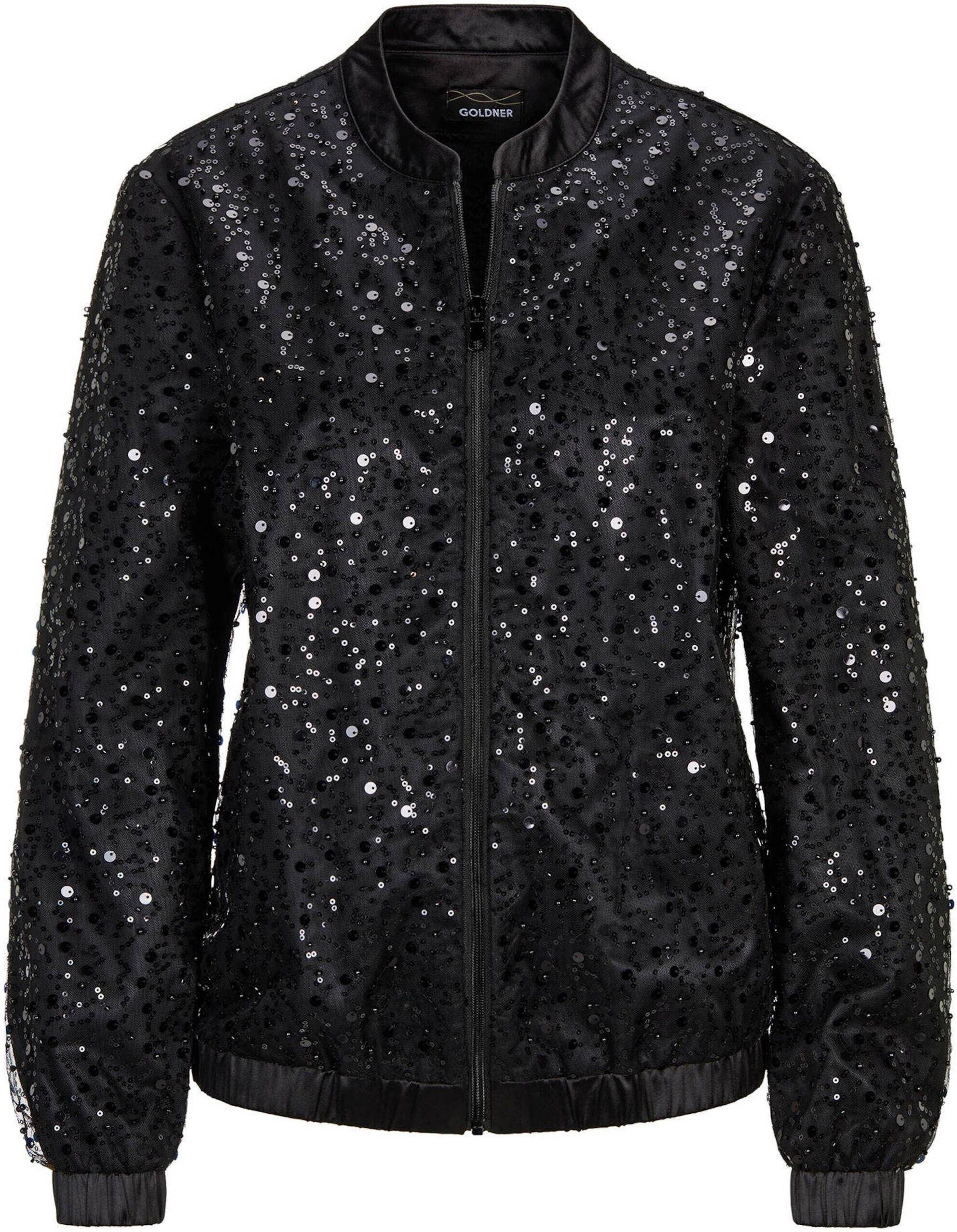 Kurzjacke GOLDNER "Perlenjacke mit Pailletten", Damen, Gr. 52, schwarz (schwarz, metallic, gemustert), Obermaterial: 100% Polyester PES., normal, Jacken Kurzjacke, allover aufwendig bestickt