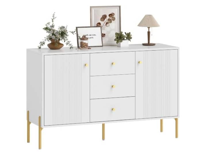 HOMCOM Modern Sideboard mit Stauraum 5 Stahlbeine 47 Weiß Kaffeebar-Schrank, 3 leise Schubladen, 2 verstellbare Regale
