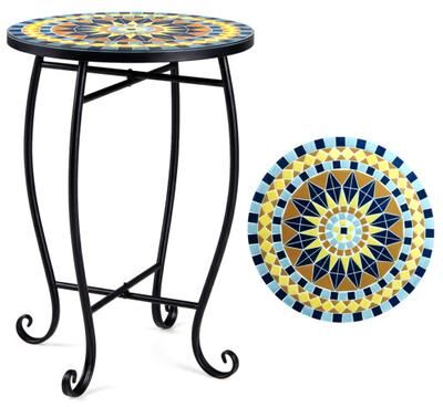 "Costway 14"" Floral Clover/Blooming Lotus/Bright Sunflower Mosaic Patio Accent Coffee End Table-Yellow"