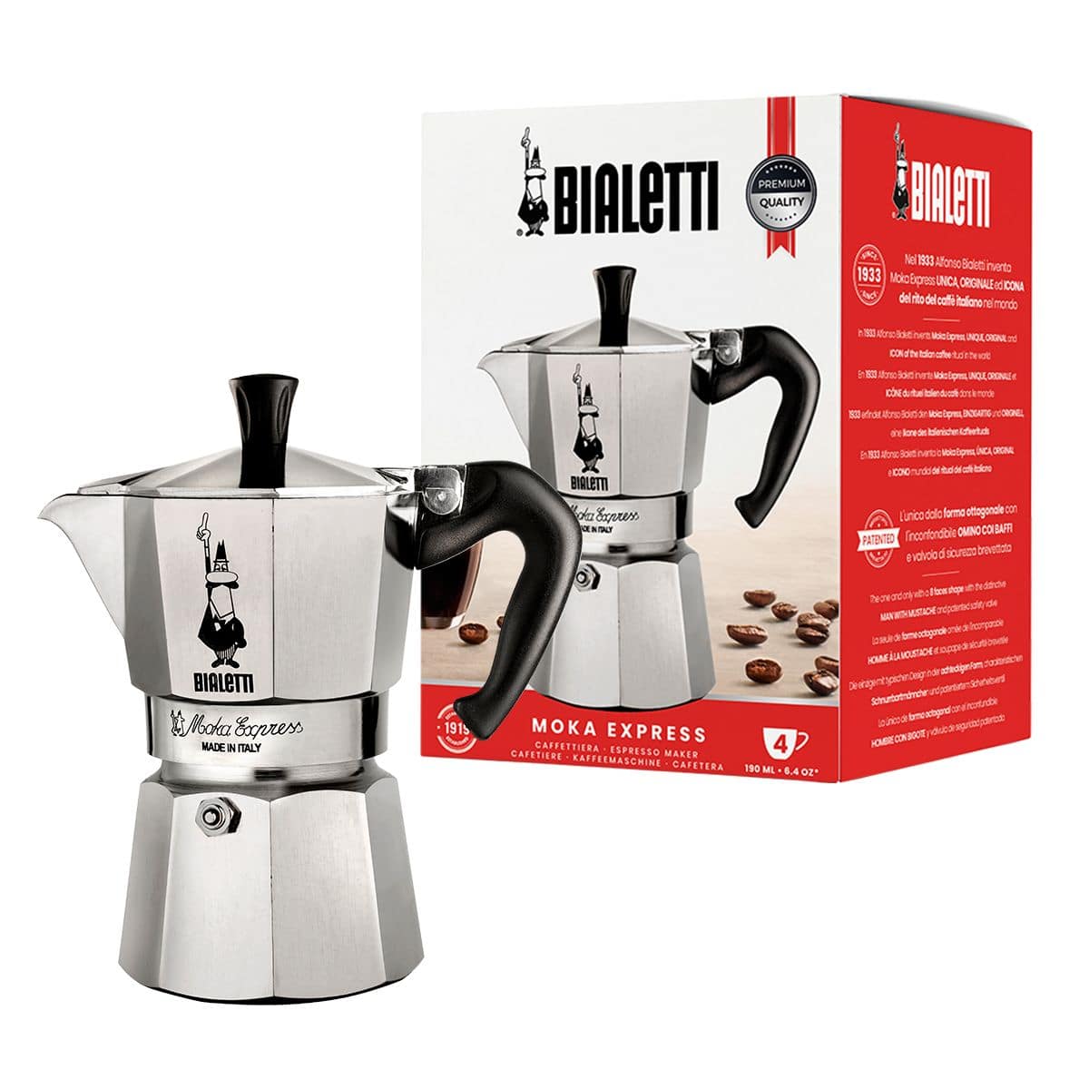 Bialetti Moka Express Espressokocher 4 Tassen Filterkaffeemaschine (Aluminium) 0001164
