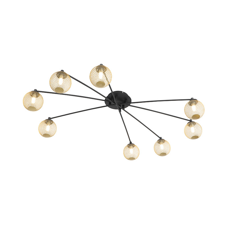 Qazqa Moderne plafondlamp zwart en goud/messing - 8-lichts