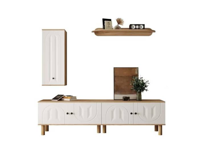 Meuble TV mural ensemble 3 pièces bois blanc avec rangements étagère murale design sculpté salon moderne combinaison modulable