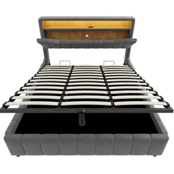 MODFU Polsterbett Stoff Grau 180x200 cm mit hydraulischem Stauraum, LED, USB und USB-C