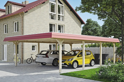 Doppelcarport SKAN HOLZ Wendland rote Blende inkl. Pfostenanker, EPDM Folie 630 x 879 cm natur