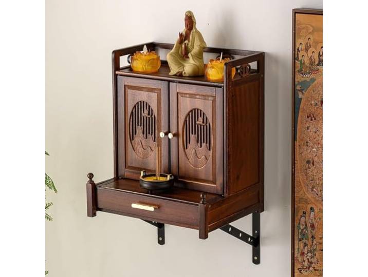 OWIEN Buddha-Regal, Haushalts-Holzschrank mit Schublade, Buddha-Statuenständer, Schrein-Altartisch(with Door,Wall-Mounted)