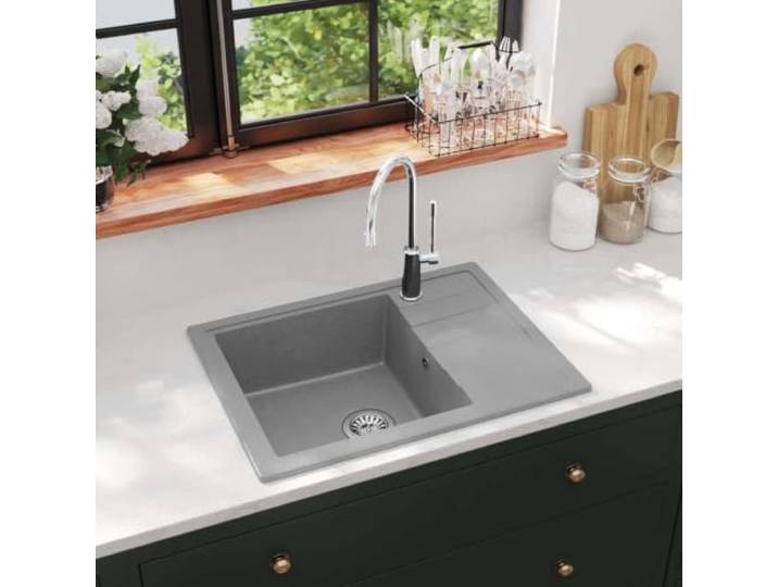 KGTKGTYER Küchenspüle Grau Granit - Einzelbecken Abtropffläche 580x440mm Reversibel einbaubar, Hitzebeständig bis 280 Grad, Inklusive Siebkörbchen
