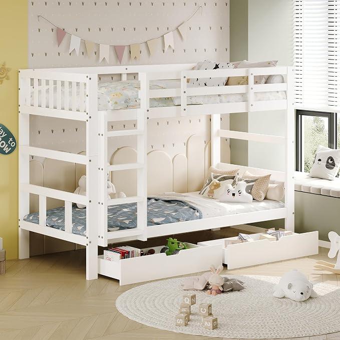 Etagenbett Kinderbett 90x200 mit Treppe und 2 Stauraum Schubladen, Bett für Kinder,Stockbett, Mehrfachfunktion Hochbett für Jungen, Mädchen,Ohne Matratze