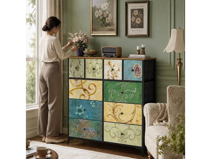 Commode à 10 tiroirs - AKABER - Multicolore - Bois massif - Aspect bois - Artisanat d'époque - Tiroirs en tissu