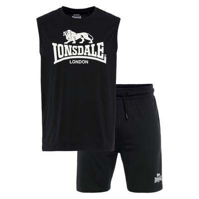 Sportanzug LONSDALE "ALLANTON", Herren, Gr. XXXL (58), schwarz-weiß (schwarz, weiß), Obermaterial: 60% Baumwolle, 40% Polyester, Sportanzüge, 2-teiliges Set, mit kontrastfarbenem Druck auf Brust und Oberschenkel
