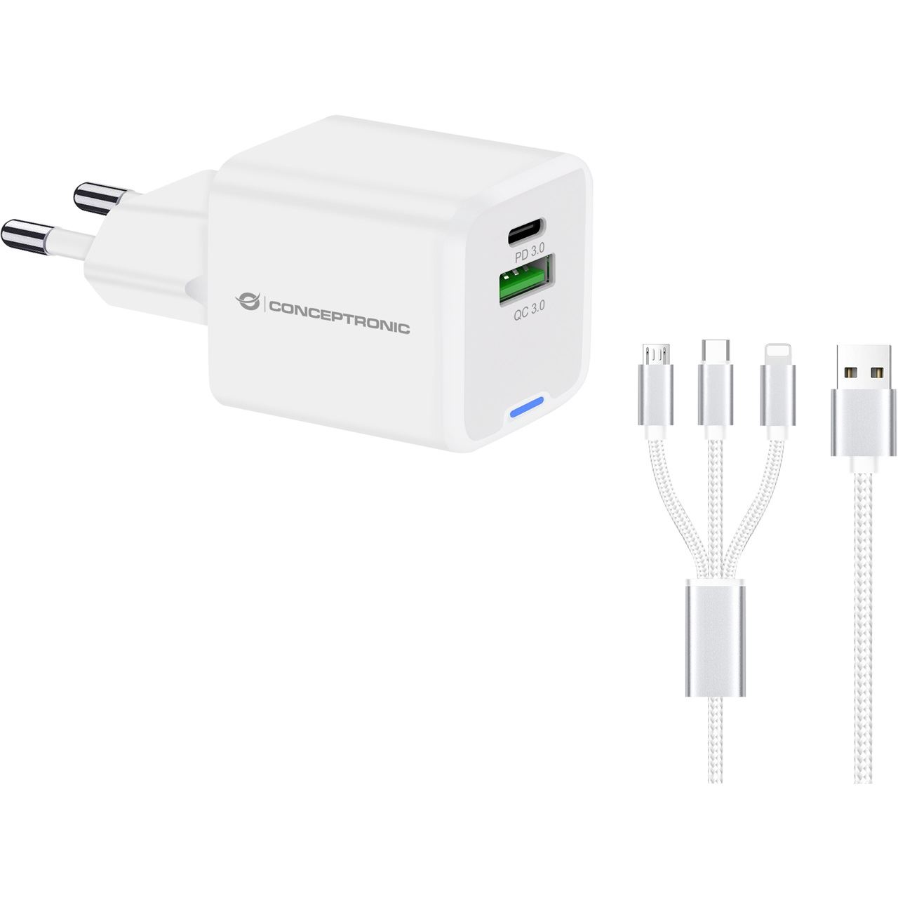33 Watt Conceptronic Ladegerät 2Port 1xUSB-C,1xUSB-A +3-in-1 weiß