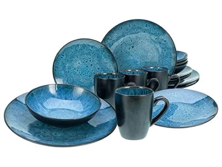 CreaTable\, 23630\, Serie CAPRI - Reaktivglasur\, 16-teiliges Geschirrset\, Kombiservice aus Steinzeug\, spülmaschinen- und mikrowellengeeignet\, Qualitätsproduktion\, Blau