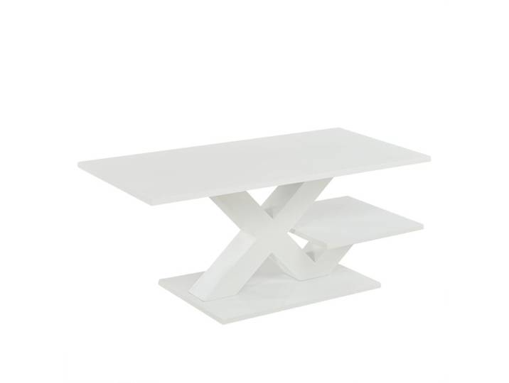 Table basse rectangulaire blanche plateau double couche finition brillante pieds géométriques 100x48x45 cm.
