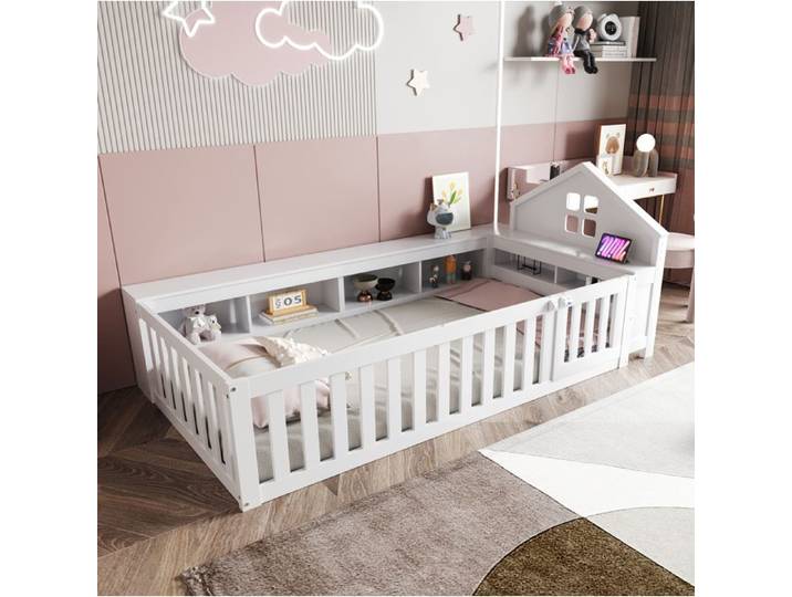 VUENOR Lit enfant 90x200 cm blanc – barrières rangements et sommier sans matelas