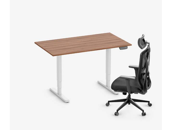 PRIMUS Schreibtisch + Stuhl VITA MESH Weiß Hoch, Sitzhöhe 52 - 64 cm 140x80 Nussbaum