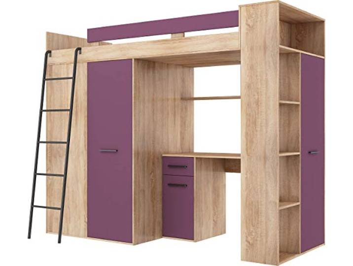 FurnitureByJDM Hochbett mit Schreibtisch, Kleiderschrank und Bücherregal Loftbett - Komplettes Möbelset 236x120x190 cm - 90x200 cm Bettgröße - Linke Leiter - VERANA - (Eiche Sonoma/Violett)