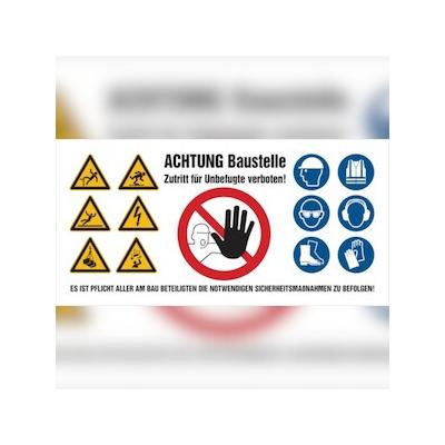 Baustellenbanner aus Gewebeplane, PVC - Symbole gem. ISO 7010 - 1500 x 750 mm PVC-Gewebeplane