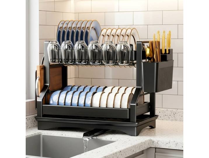 Égouttoir à vaisselle double couche avec support pour baguettes et rangement pour tasses, étagère de comptoir pour assiettes, bols et ustensiles