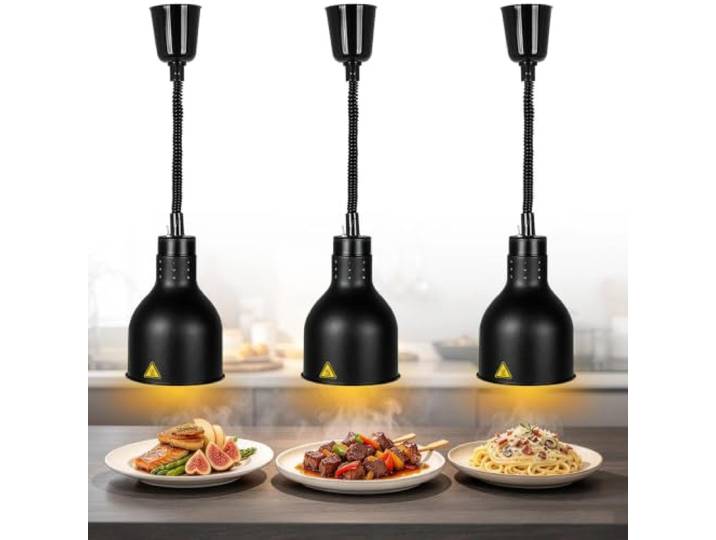 VFDZ Wärmelampe Küche Hängend, Höhenverstellbar 60-180cm(3,D-19cm) Wärmebrücke Gastronomie mit 250W Glühbirne, Warmhaltelampe für Restaurant, Buffet, Hotel und Catering, 250W 220V