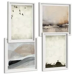 BILDER SET 4er Set - 50x50 cm & 40x60 cm Weißer Rahmen - Vögel, Steine, Pinselstriche, Verzierungen
