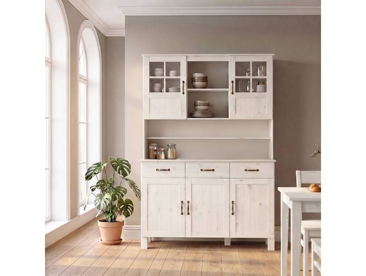 Küchenbuffet HOME AFFAIRE Alby , weiss (weiß), B:125cm H:185cm T:38cm, Massivholz, Schränke, Küchenbuffet, Breite 125 cm, 2 Glastüren, 2 Schubladen