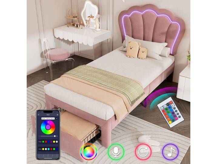 Structure de lit Haute qualité nouveau design lit d'enfant LED lit simple 90 x 200 cm avec tiroir matelassé app contrôle LED cadre d