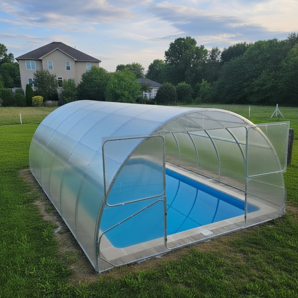 Poolabdeckung "Serena" von Garten Dream. 4x12M mit 4mm polycarbonate Ganzjährige Nutzung. Schnee- und winddicht.Doppeltüren auf jeder Seite.Rostschutz