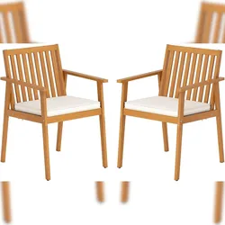 COSTWAY 2‐er Set Akazienholz‐Gartenstühle mit Kissen & Armlehnen, 180 kg Tragfähigkeit, für Balkon, Garten, Terrasse, natur
