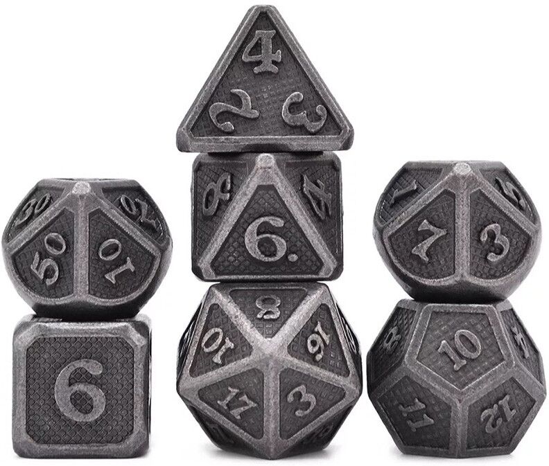 Rio Dés Métal - lot de 7 dés (14mm) avec boite en métal- Solid Silver