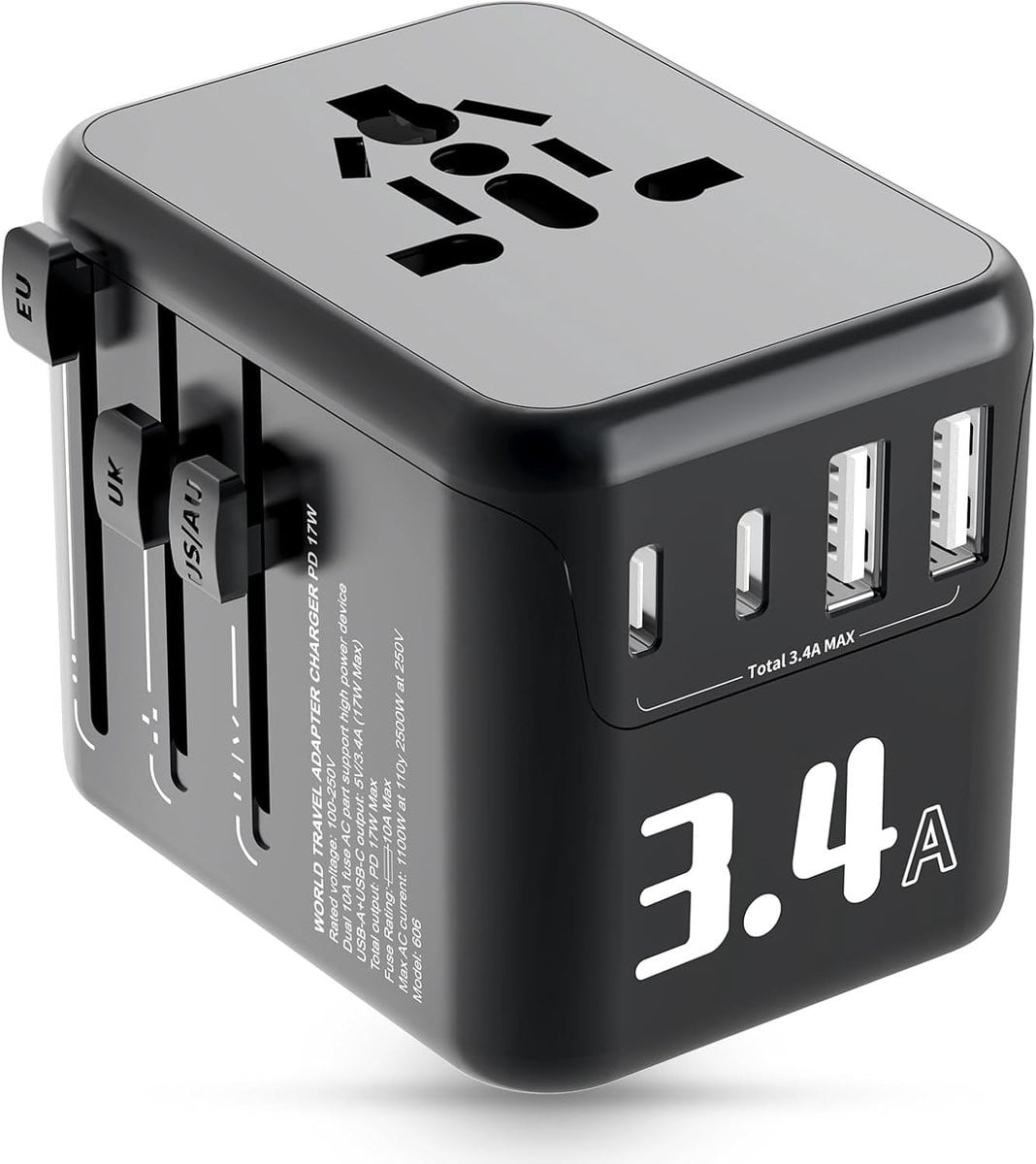 Universele Reisstekker Wereldwijde Reisadapter met 2 USB-C en 2 USB-A Poorten voor EU, VS, VK en Australië