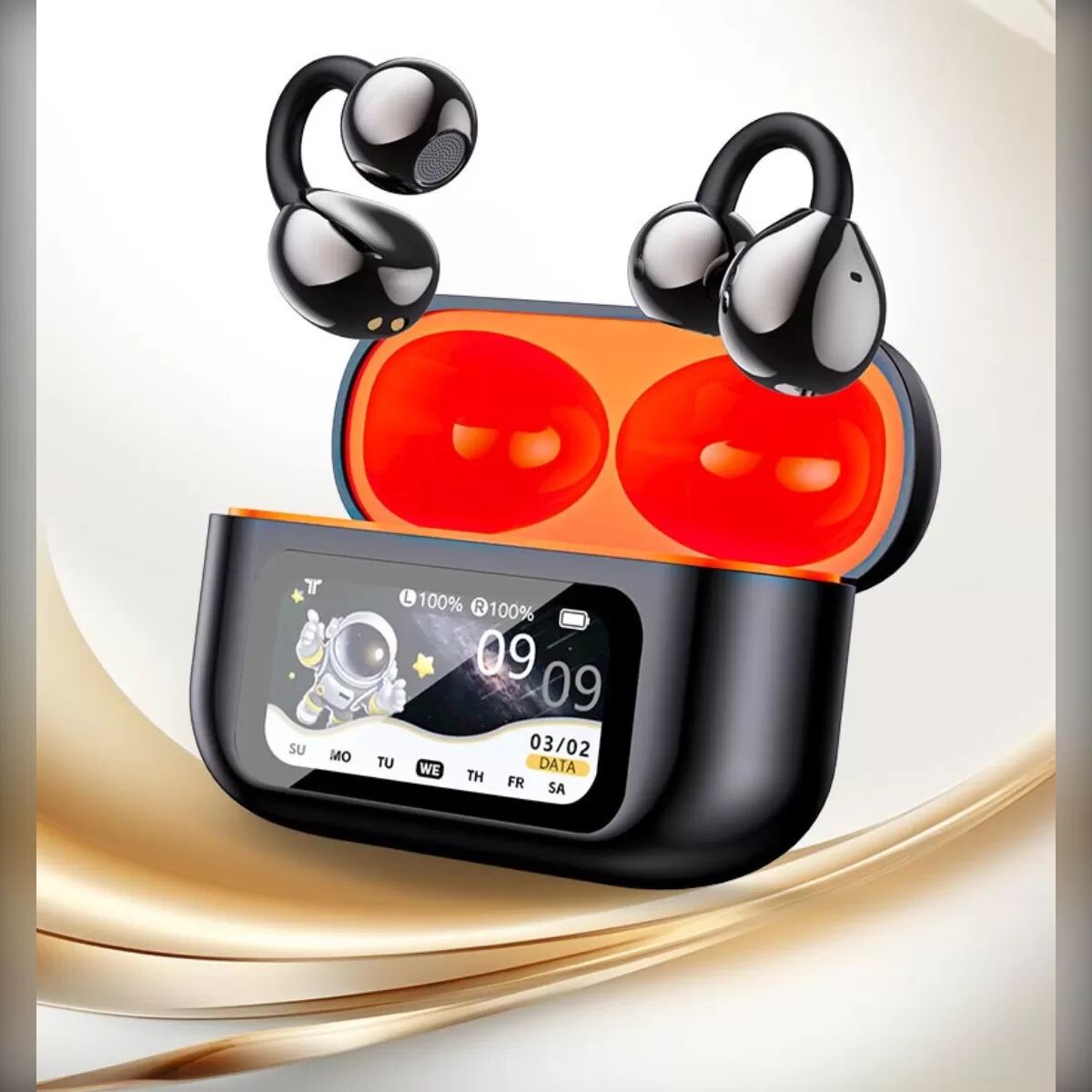 INF Écouteurs Bluetooth Clip-on avec Écran Couleur - Longue Autonomie, Faible Latence Noir + Orange