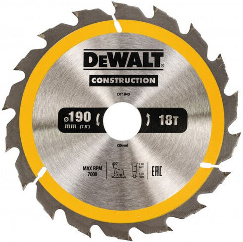 DeWALT DT1943-QZ Lame de scie circulaire 190 x 30 mm 18T ATB 20°.