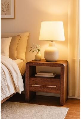 Artisan Furniture Solid Wood Curved Edge Bedside,Brown,1-Drawer,1-Shelf
