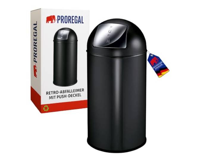 PROREGAL Abfallbehälter mit Pushdeckel & Inneneimer aus Metall 40 Liter, HxBxT 74x34x34cm Matt Schwarz