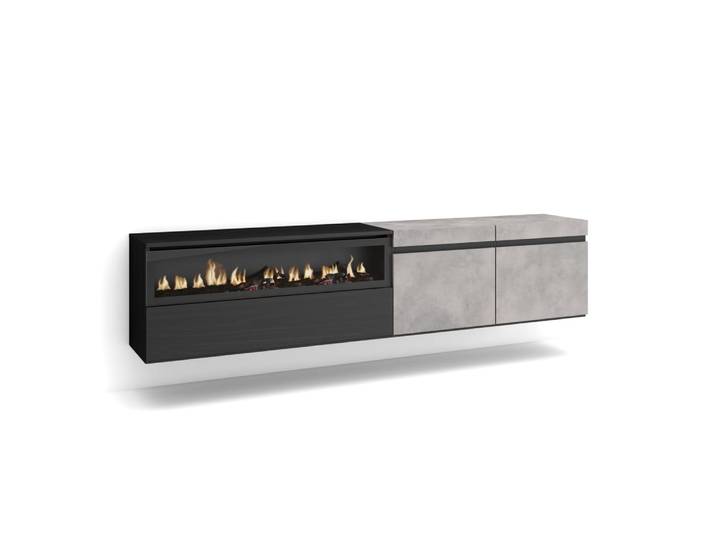 Meuble tv effet bois ciment 200x35x45cm cheminée effet feu