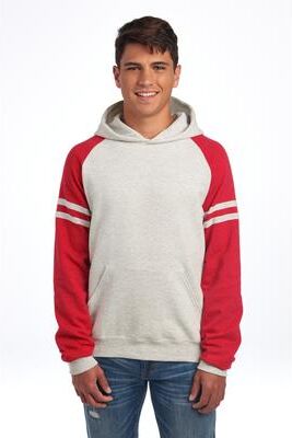 Jerzees 97CR NuBlend Varsity Colorblock Hooded Sweatshirt in Oatmeal Heather/Fiery Red Heather size XL   Cotton Polyester