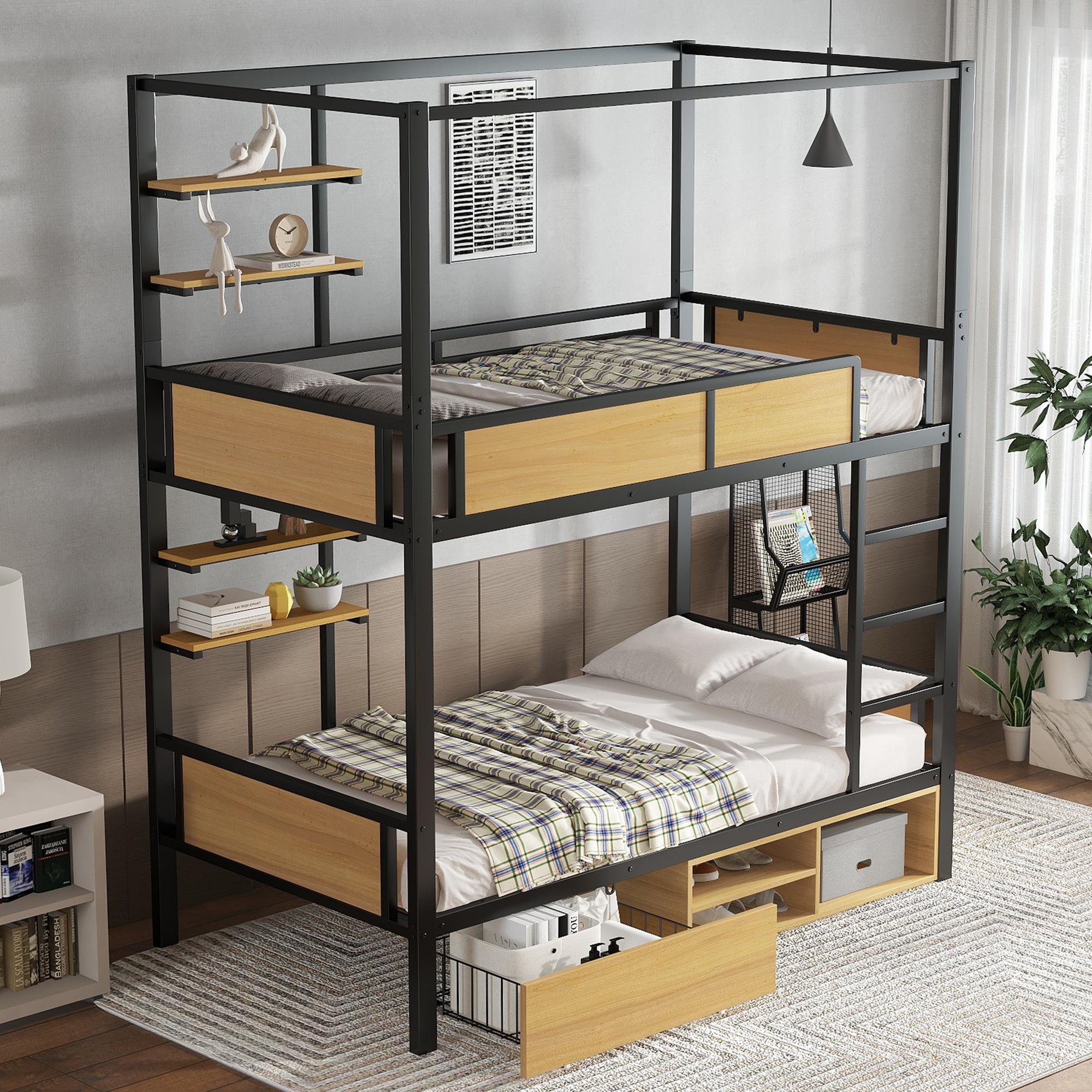 okwish Etagenbett 90x200 mit Geländer und Leitern,Hochbett mit Stauraum unter dem Bett,Eisenbett mit doppeltes Ablageboard,Kann Bettvorhänge installieren,ohne Matratze,Schwarz