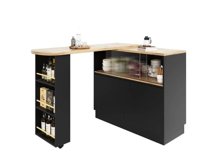 Logidon îlot de cuisine rotatif 360° 90 x 45 x 100 cm verre MDF noir