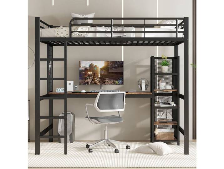 ELVORIN Hochbett 90 x 200 cm avec bureau et rangements structure en métal et MDF noir et bois foncé échelle et garde-corps