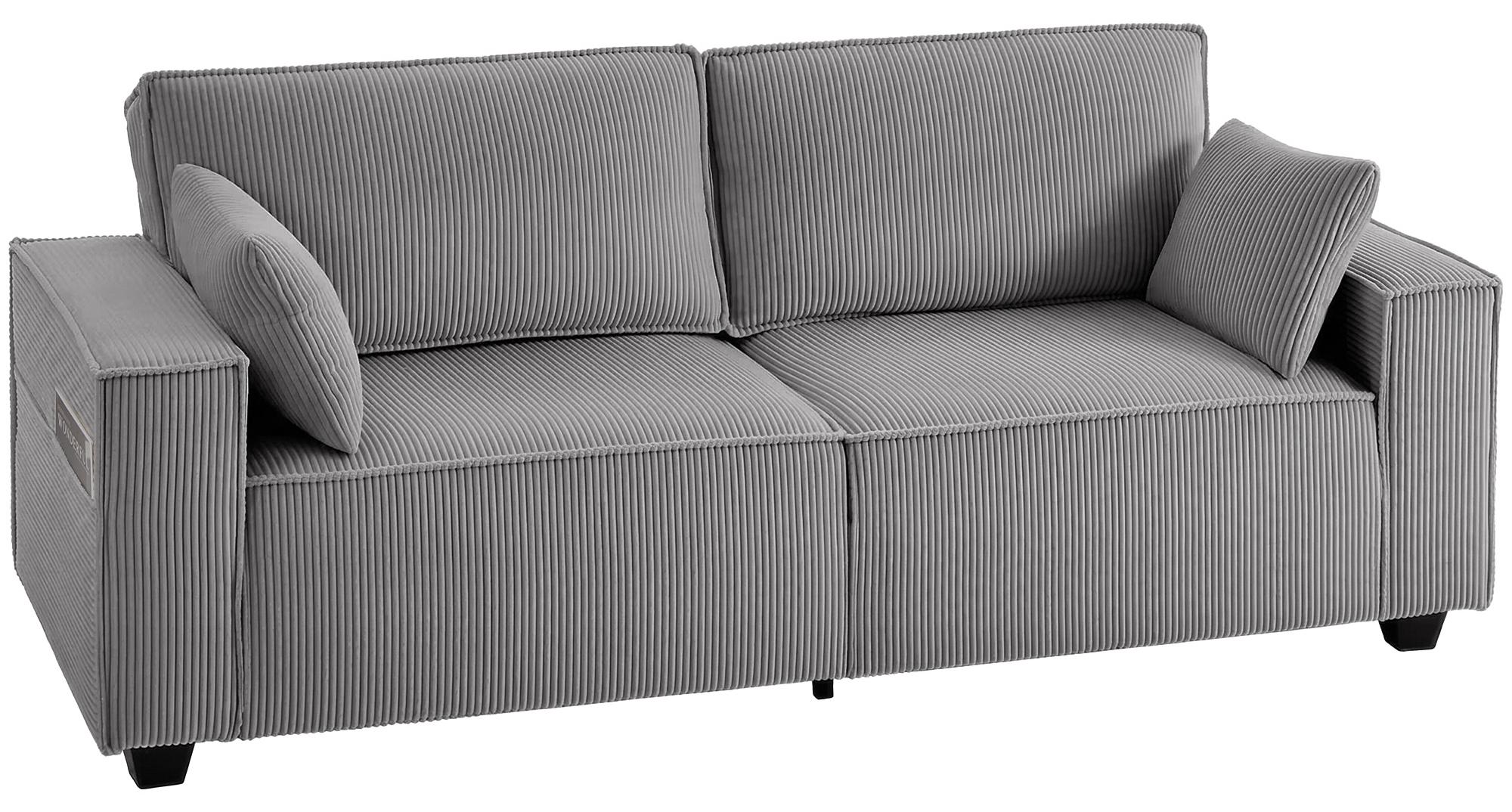 218 cm 3-Sitzer Sofa, modernes Cord-Sofa mit Taschenfeder-Polsterung, breiten Armlehnen und 2 Kissen, hellgrau