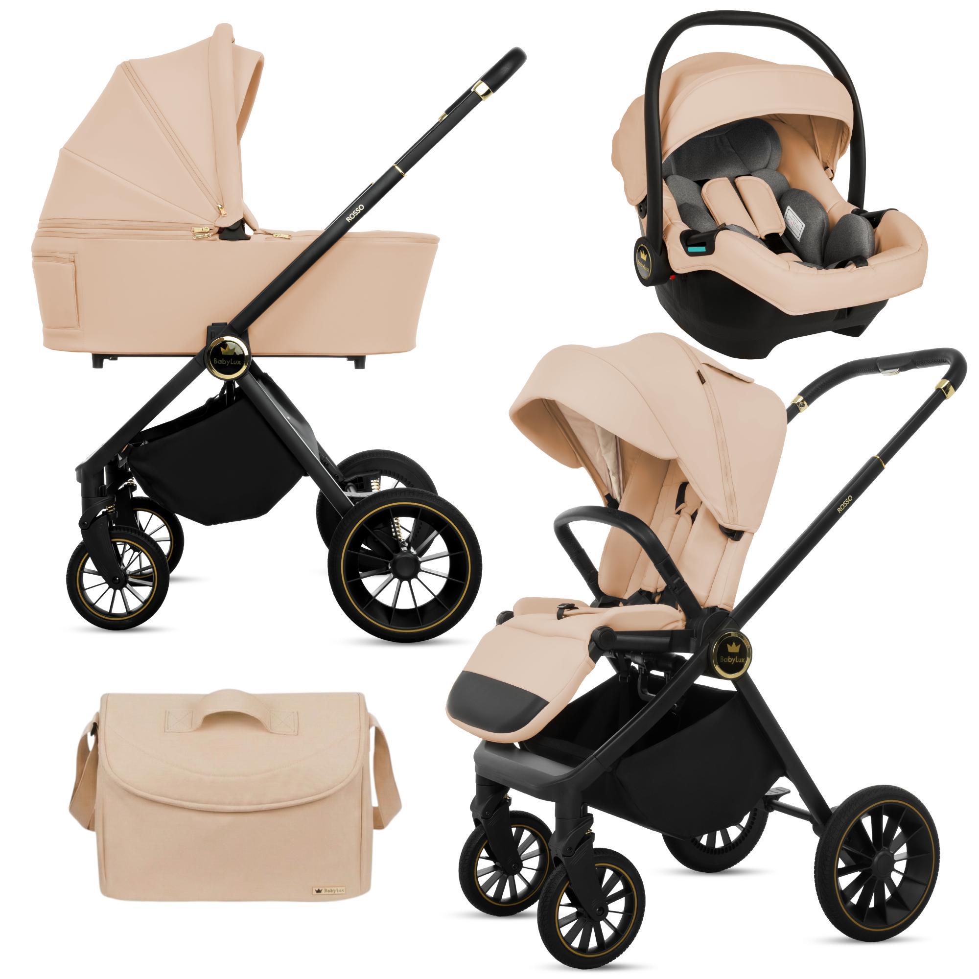 BabyLux Kinderwagen 3in1 Set ROSSO, Beige Faltbar Leicht Kombikinderwagen Set incl. Babywanne, Buggy Sportsitz, Babyschale i-Size, Wickeltasche