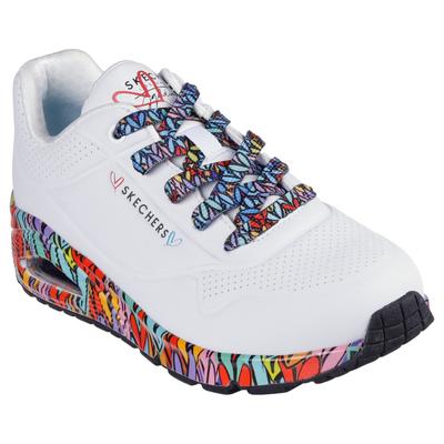 Sneaker SKECHERS "UNO", Damen, Gr. 35, Textil, bunt (weiß, bunt), Lederimitat, kontrastfarbene Details, Schuhe Sneaker, Plateausneaker, Schnürschuh mit Keilabsatz