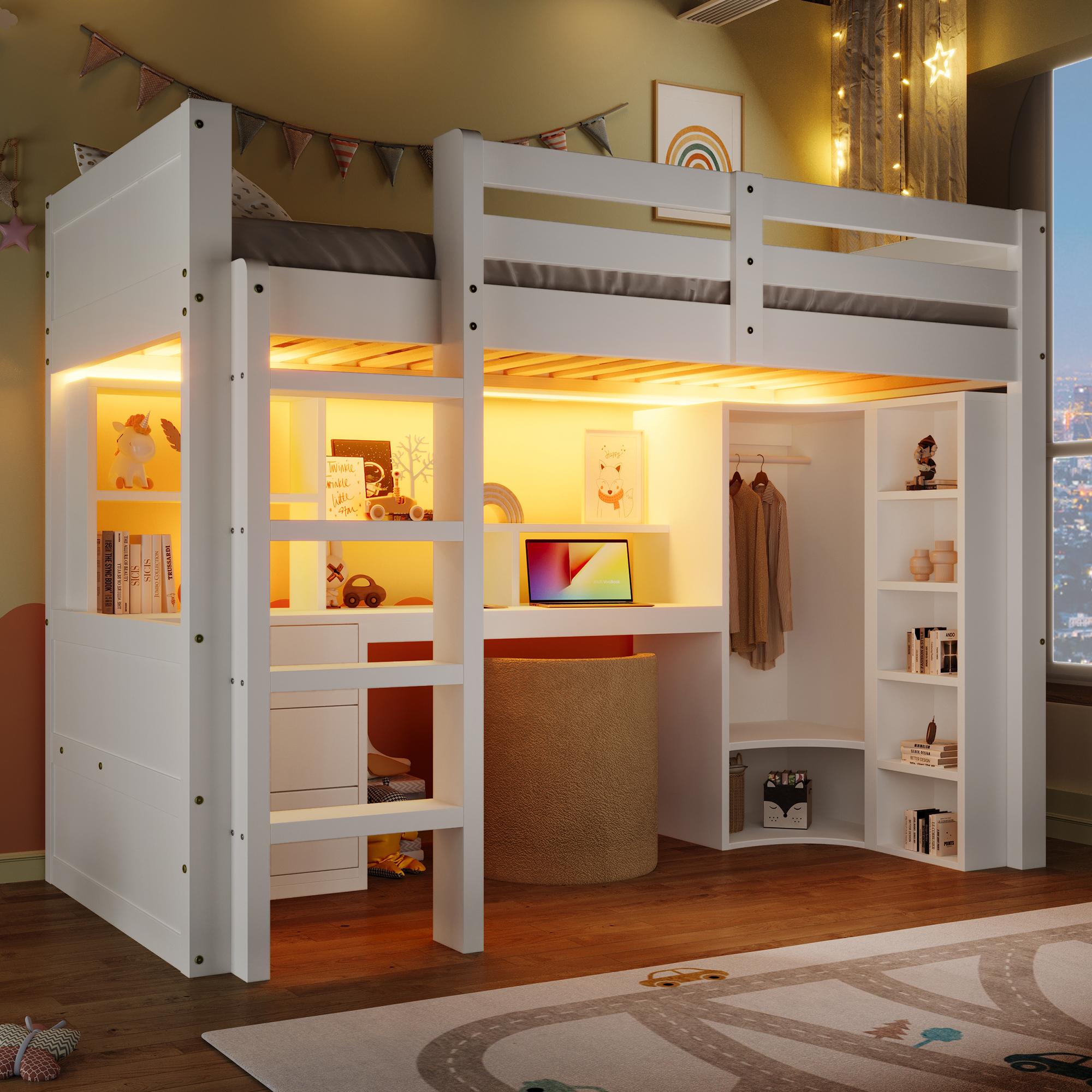 Merax Etagenbett Hochbett 90×200 cm, LED-Beleuchtung, Kleiderschrank, Schreibtisch, Schubladen, Staufächer, Kinderbett, Stockbett, Jugendbett, Weiß