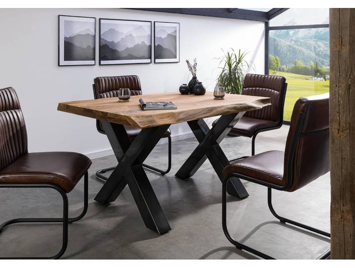 Baumtisch Sheesham 160x90x77 natur gebeizt / X-Beine anthrazit glänzend FREEFORM 5
