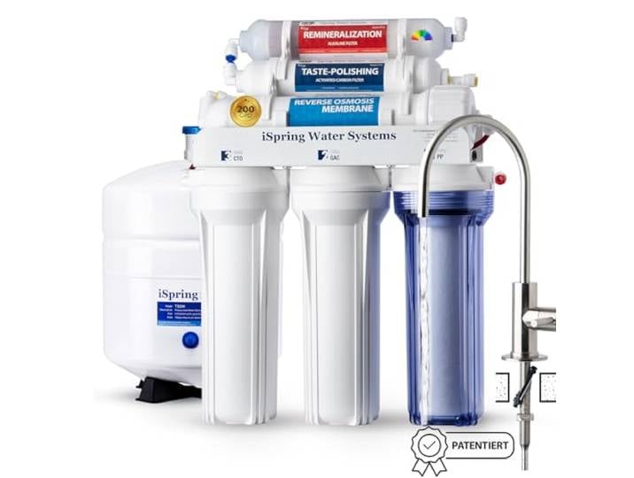 iSpring RCC2AK-EU verbesserte 200-GPD-Umkehrosmoseanlage mit pH+ 6-Stufen-Filter und alkalischem Remineralisierungsfilter für die Montage unter der Spüle