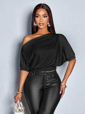 Universal Stock Elegant Asymmetrical Top For Women Pleated Shoulder Off Shoulder Fitted Summer T Shirt xxl