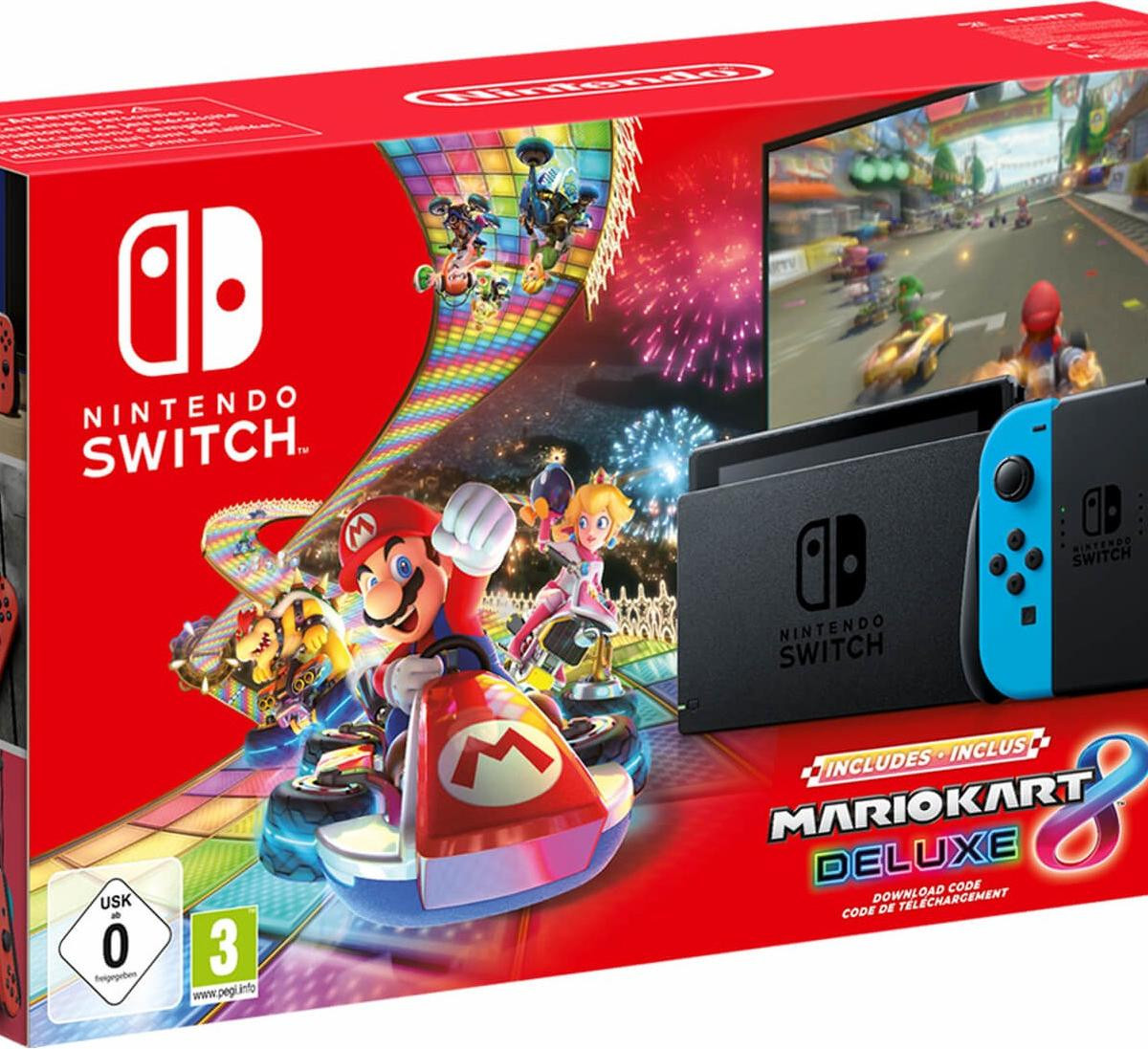 Nintendo Switch met Mario Kart 8 Deluxe, Zwart/Blauw/Rood