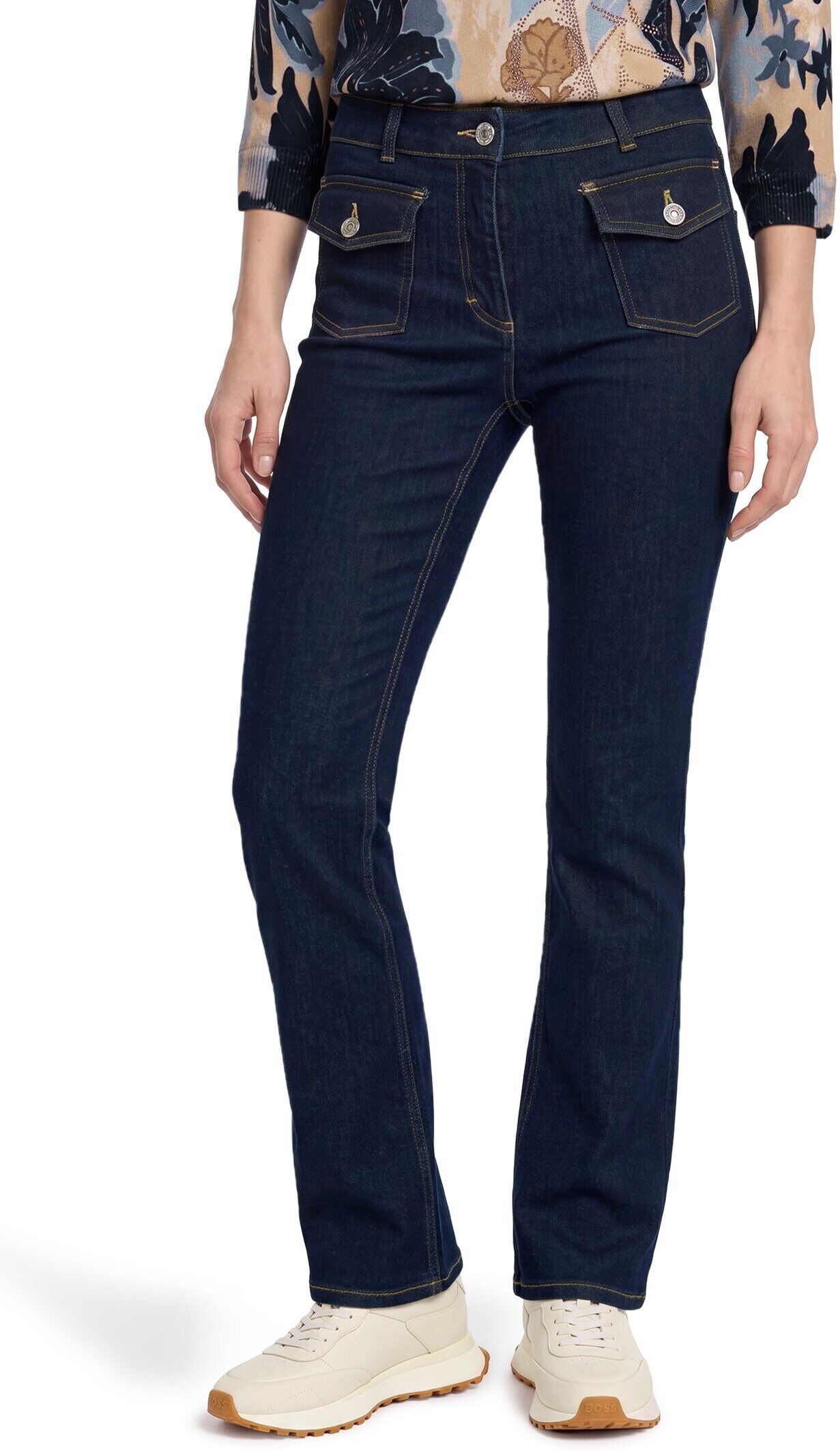 Bootcuthose BETTY BARCLAY "Flared Cut-Jeans mit aufgesetzten Taschen", Damen, Gr. 36, blau (dunkelblau), Hosen Bootcuthose