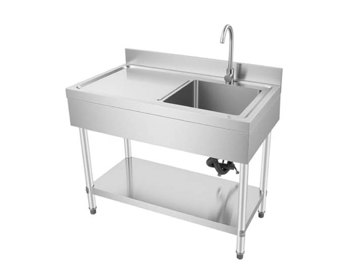 PBTERDTF Freistehende Edelstahl Spüle 1 Basin (Rechts) Gewerbliche Küchenspüle mit Wasserhahn & Regale Garten Spültisch für Außen, Innen, Küche, Restaurant 100x60x80cm