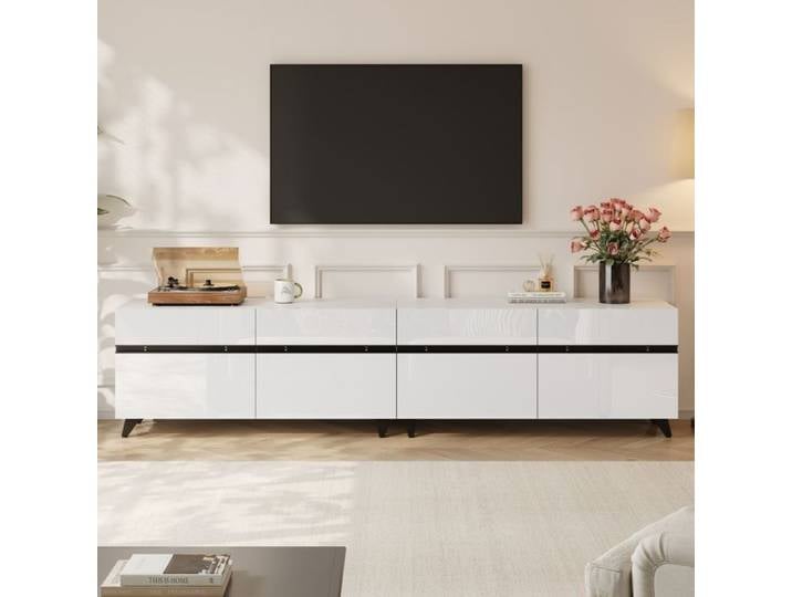 Meuble TV - SOGEU - Hochglanz-TV-Schrank - Blanc laqué - 4 rangements modulables - Pour TV jusqu'à 80 pouces