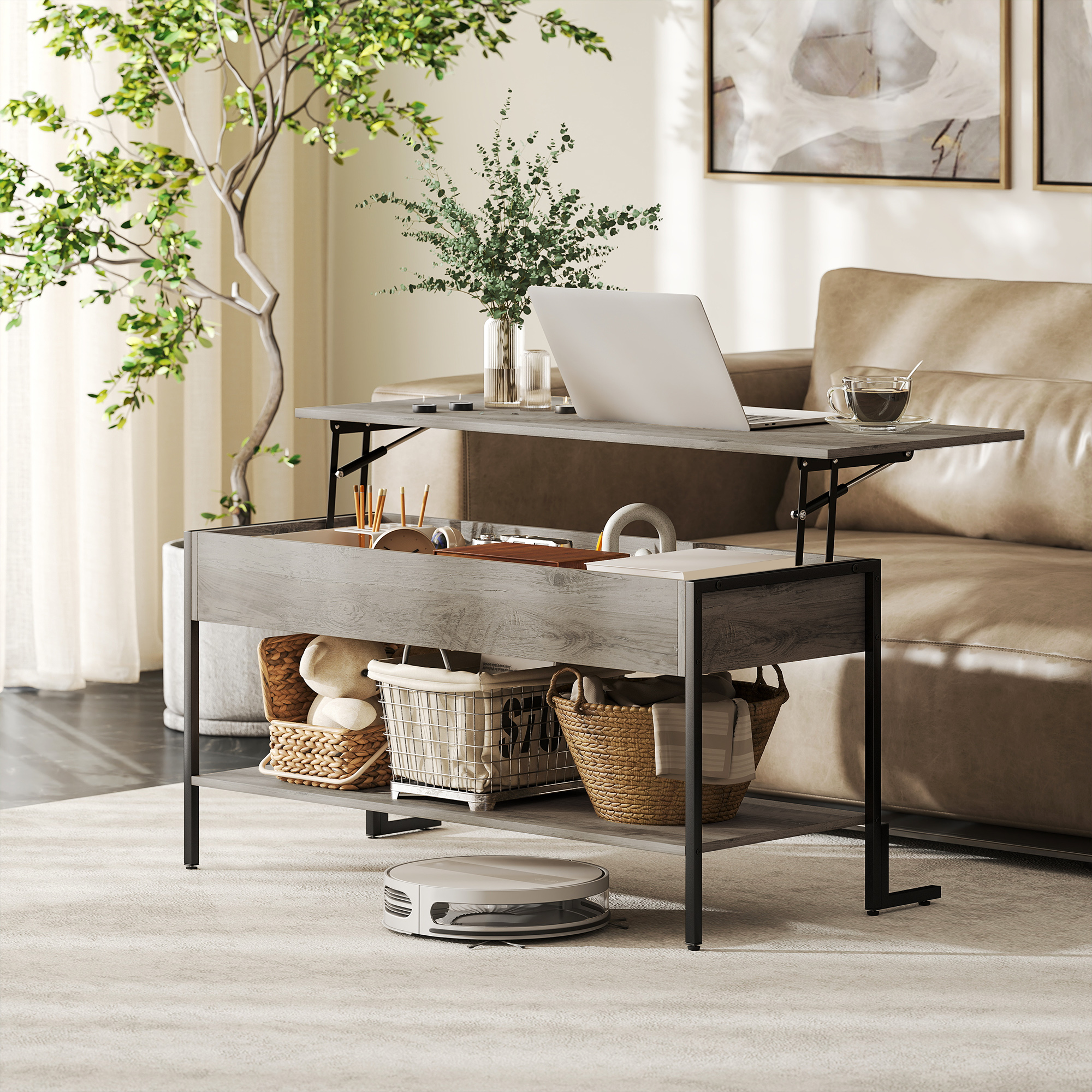 Homcom Tavolino con piano sollevabile, tavolino da salotto con vano nascosto e ripiano aperto, 95x40x59cm, grigio   Aosom Italy